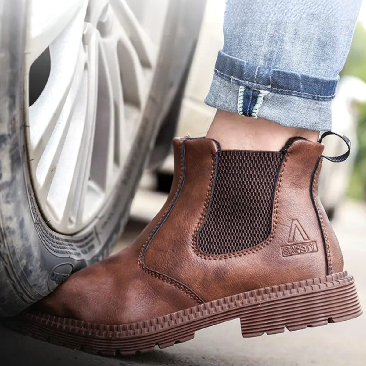 Men's Steel Toe Chelsea Work Boots Slip-On Leather