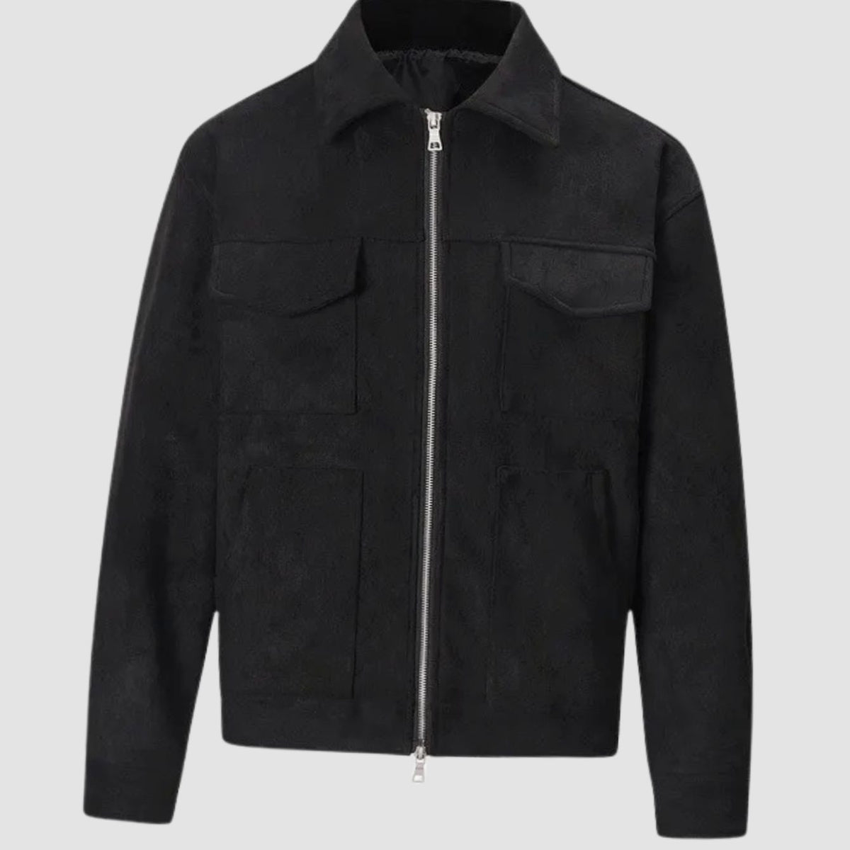 Men's Suede Full-Zip Trucker Jacket Shirt Collar - Black