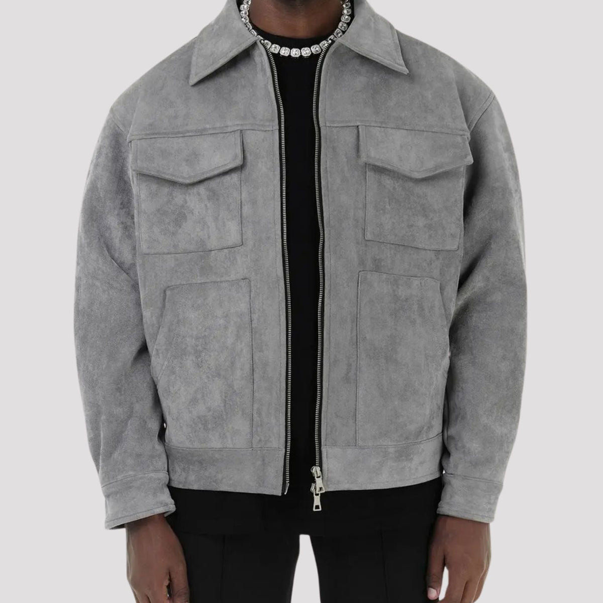 Men's Suede Full-Zip Trucker Jacket Shirt Collar
