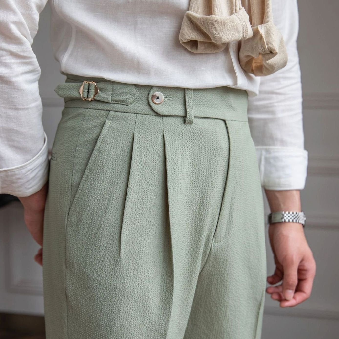 Men's Tailored High-Waist Pleated Trousers Cuffed Hem - Green