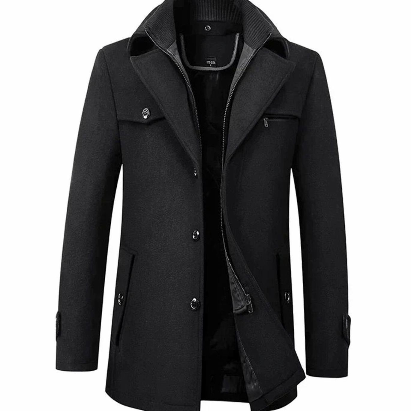 Men's Tailored Long Wool-Look Button Overcoat - Black