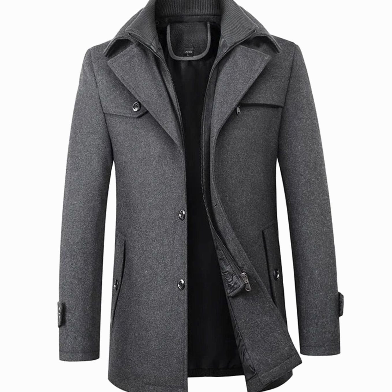Men's Tailored Long Wool-Look Button Overcoat - Grey