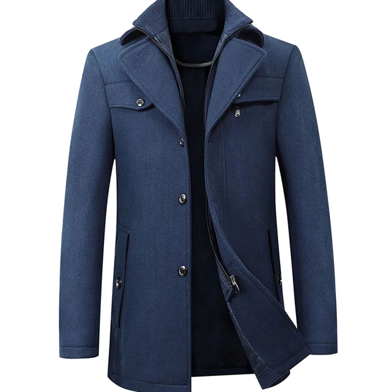 Men's Tailored Long Wool-Look Button Overcoat - Navy Blue