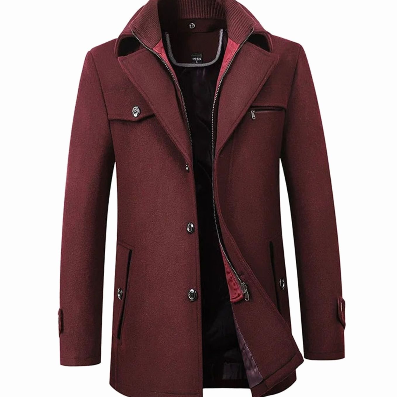Men's Tailored Long Wool-Look Button Overcoat - Burgundy