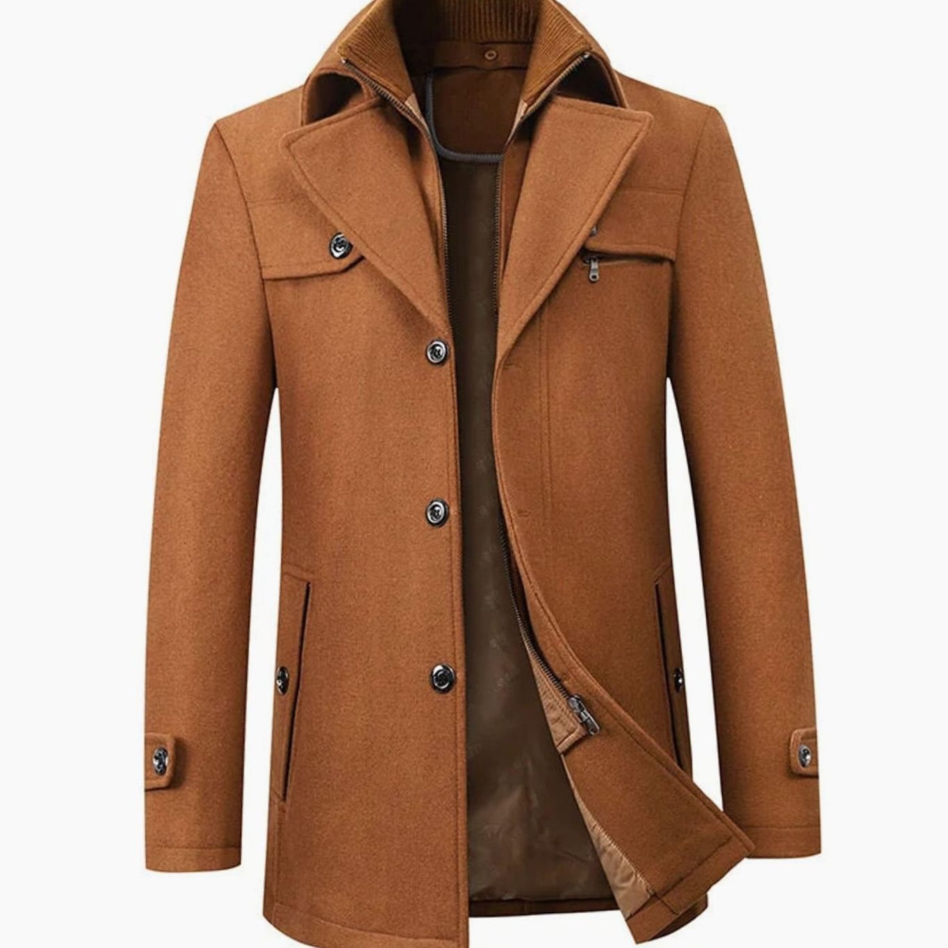 Men's Tailored Long Wool-Look Button Overcoat - Brown