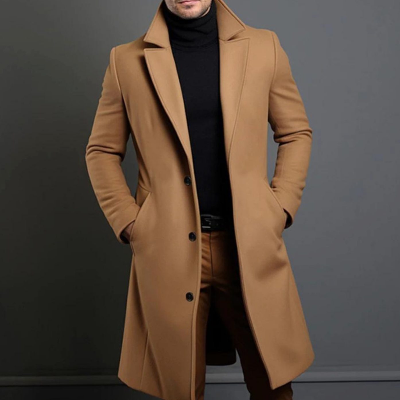 Men's Tailored Single-Breasted Long Overcoat Lapel Wool-Look - Brown