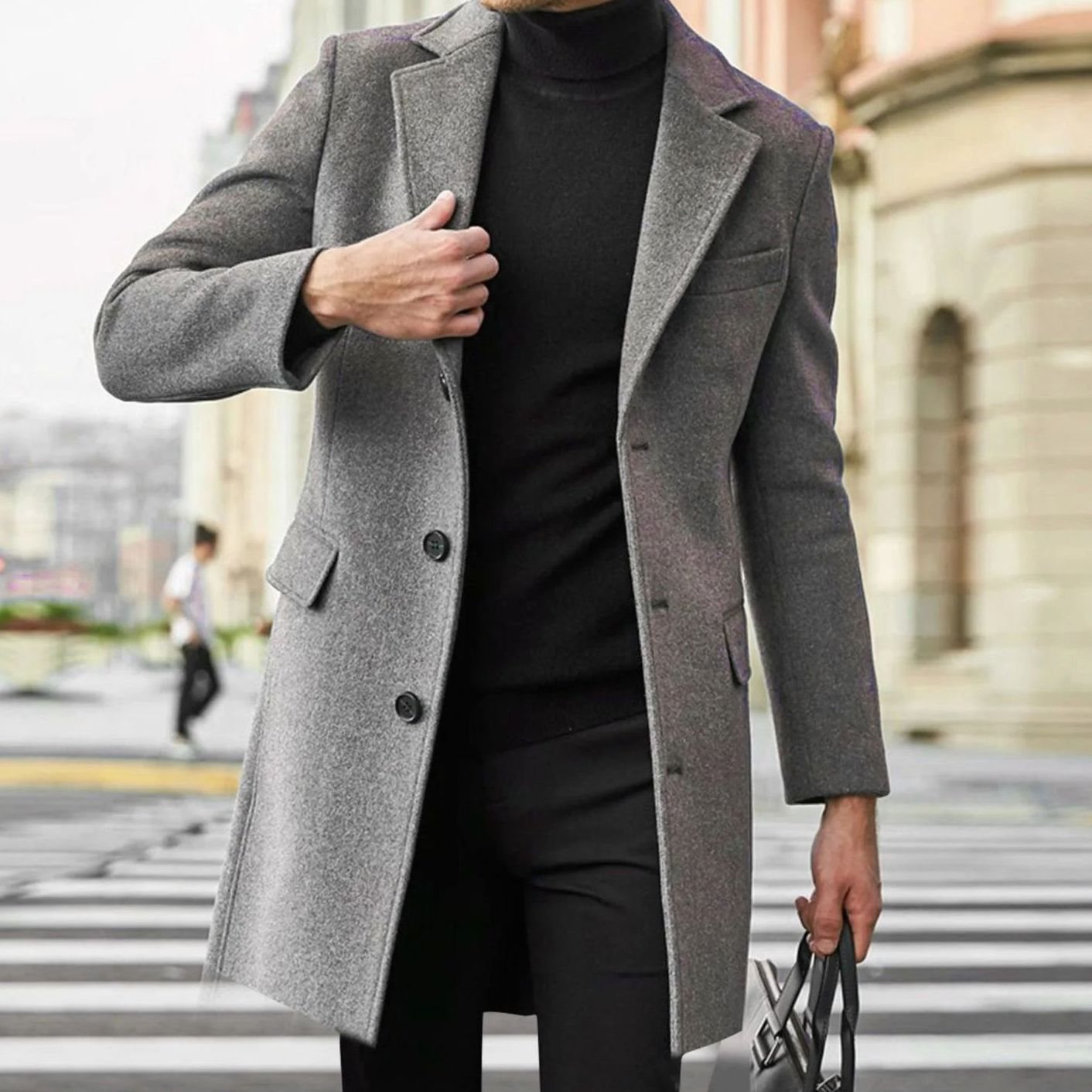 Men's Tailored Single-Breasted Notch-Lapel Winter Coat - Grey