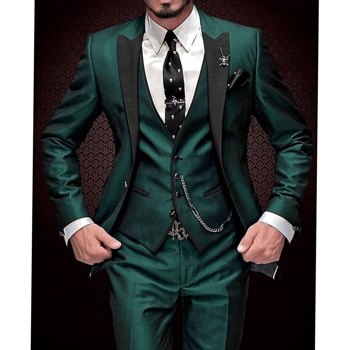 Men's Tailored Three Piece Suit Contrast Lapel Blazer Waistcoat Set - Dark Green