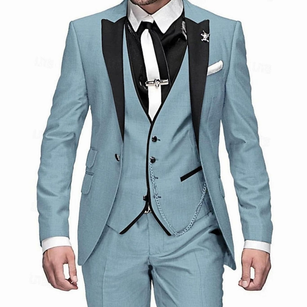 Men's Tailored Three Piece Suit Contrast Lapel Blazer Waistcoat Set - Sky Blue