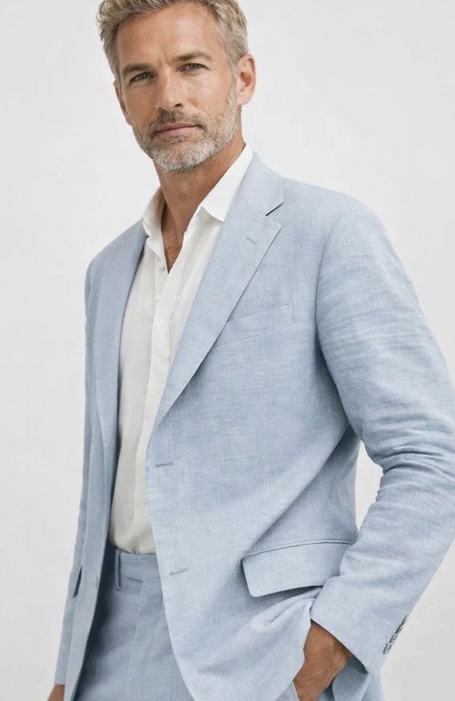 Men's Tailored Two-Piece Blazer and Trousers Suit Set - Light Blue