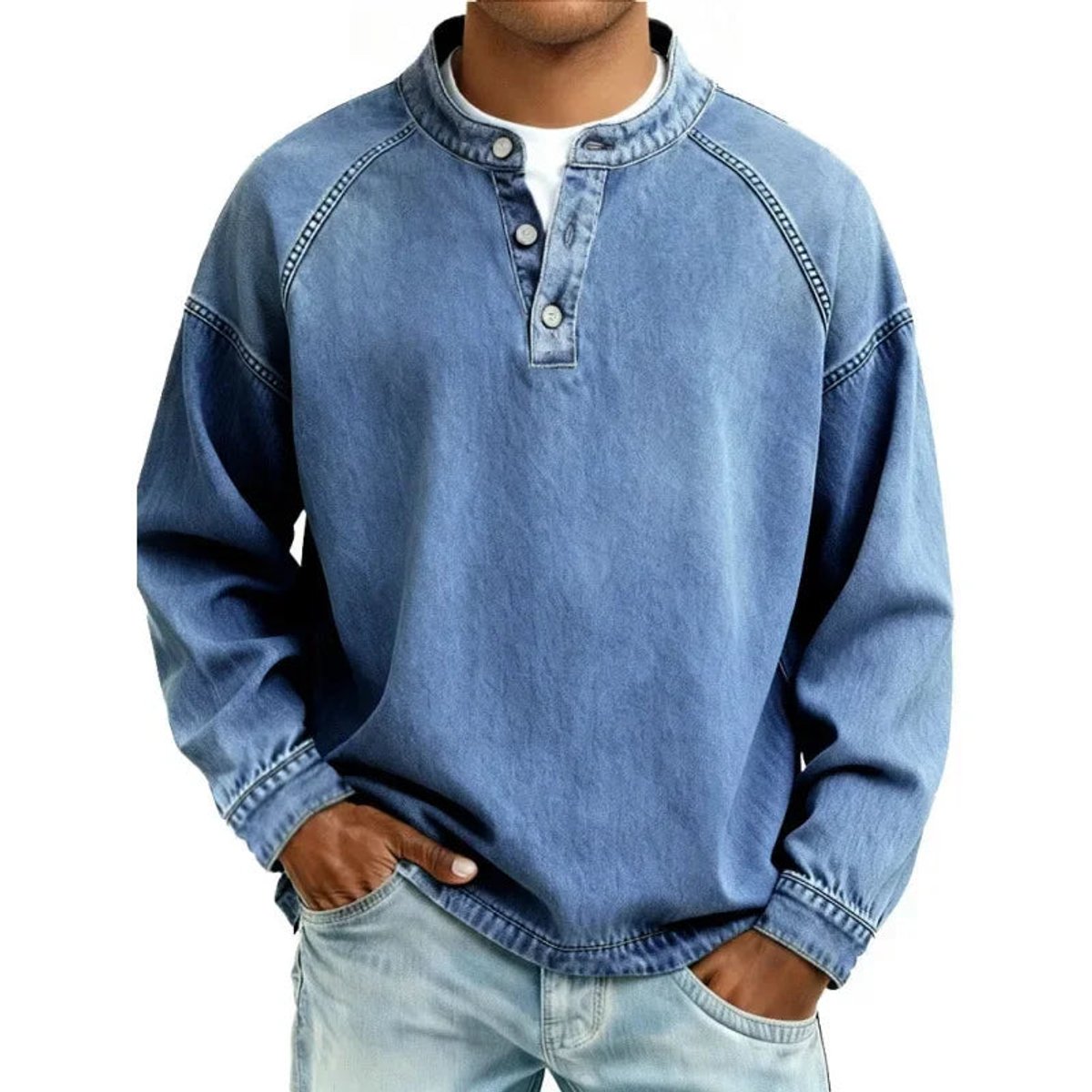 Men's Vintage Denim-Look Henley Button Pullover Sweatshirt - Sky Blue