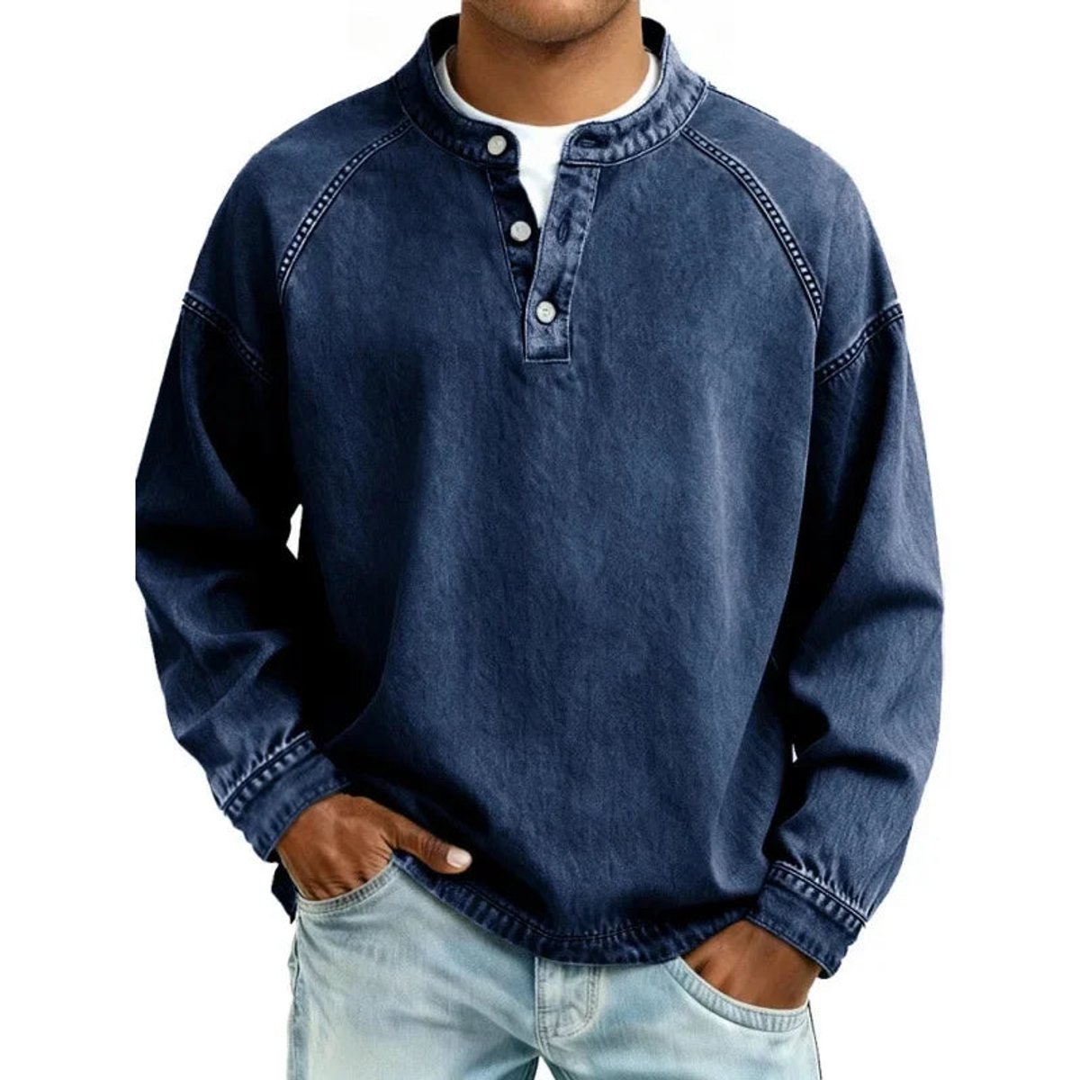 Men's Vintage Denim-Look Henley Button Pullover Sweatshirt - Dark Blue