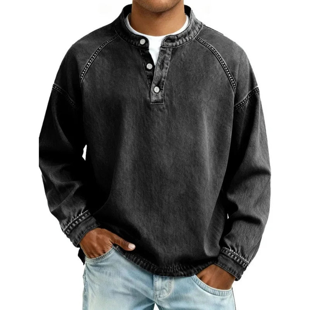 Men's Vintage Denim-Look Henley Button Pullover Sweatshirt - Black