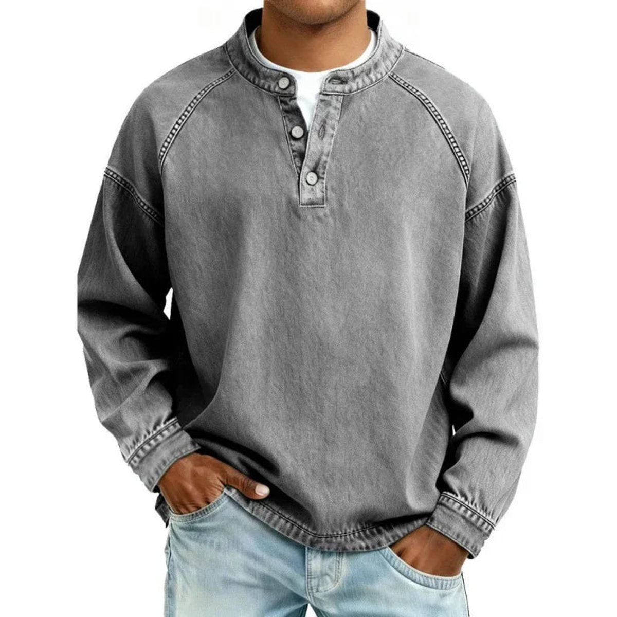Men's Vintage Denim-Look Henley Button Pullover Sweatshirt - Grey