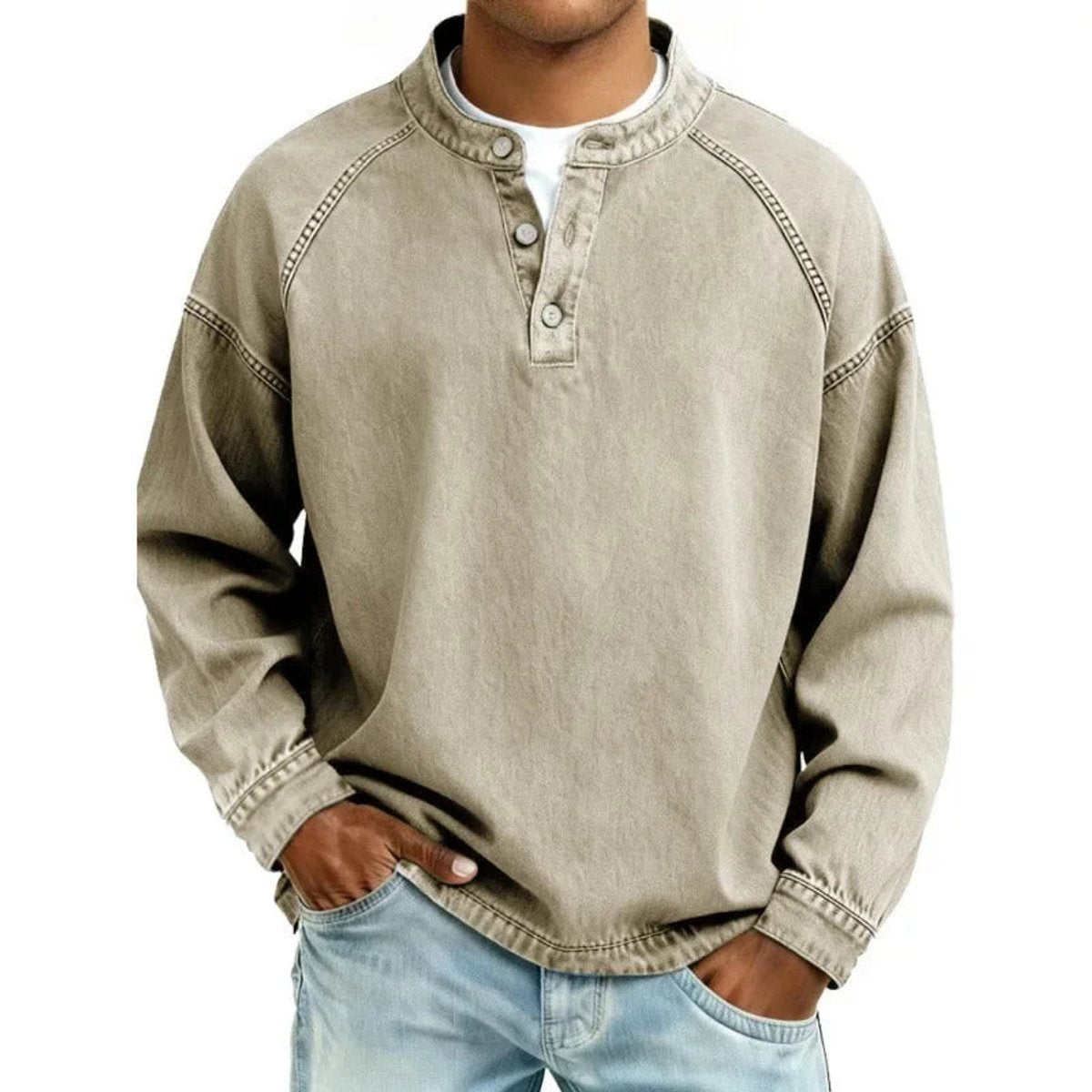 Men's Vintage Denim-Look Henley Button Pullover Sweatshirt - Khaki