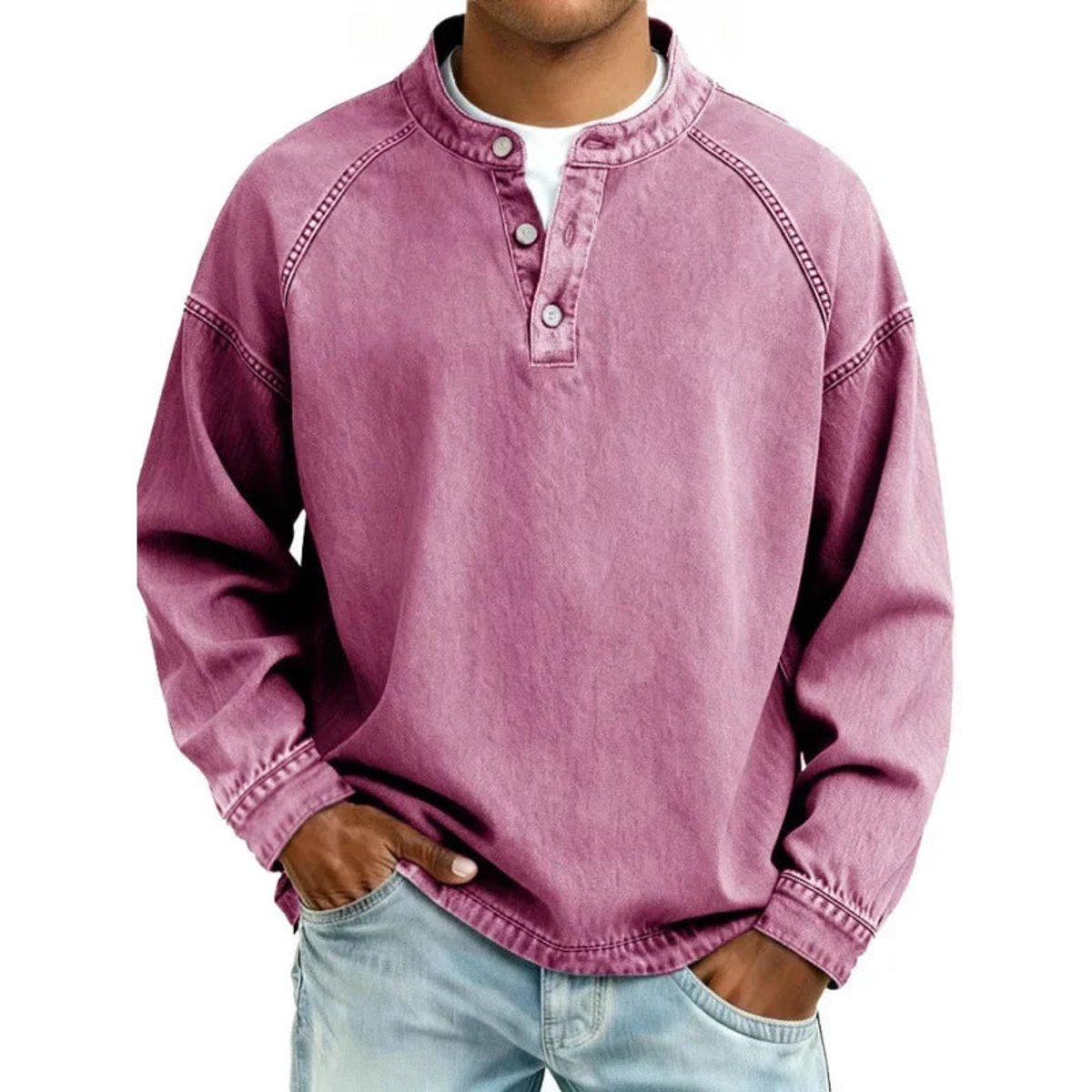 Men's Vintage Denim-Look Henley Button Pullover Sweatshirt - Pink