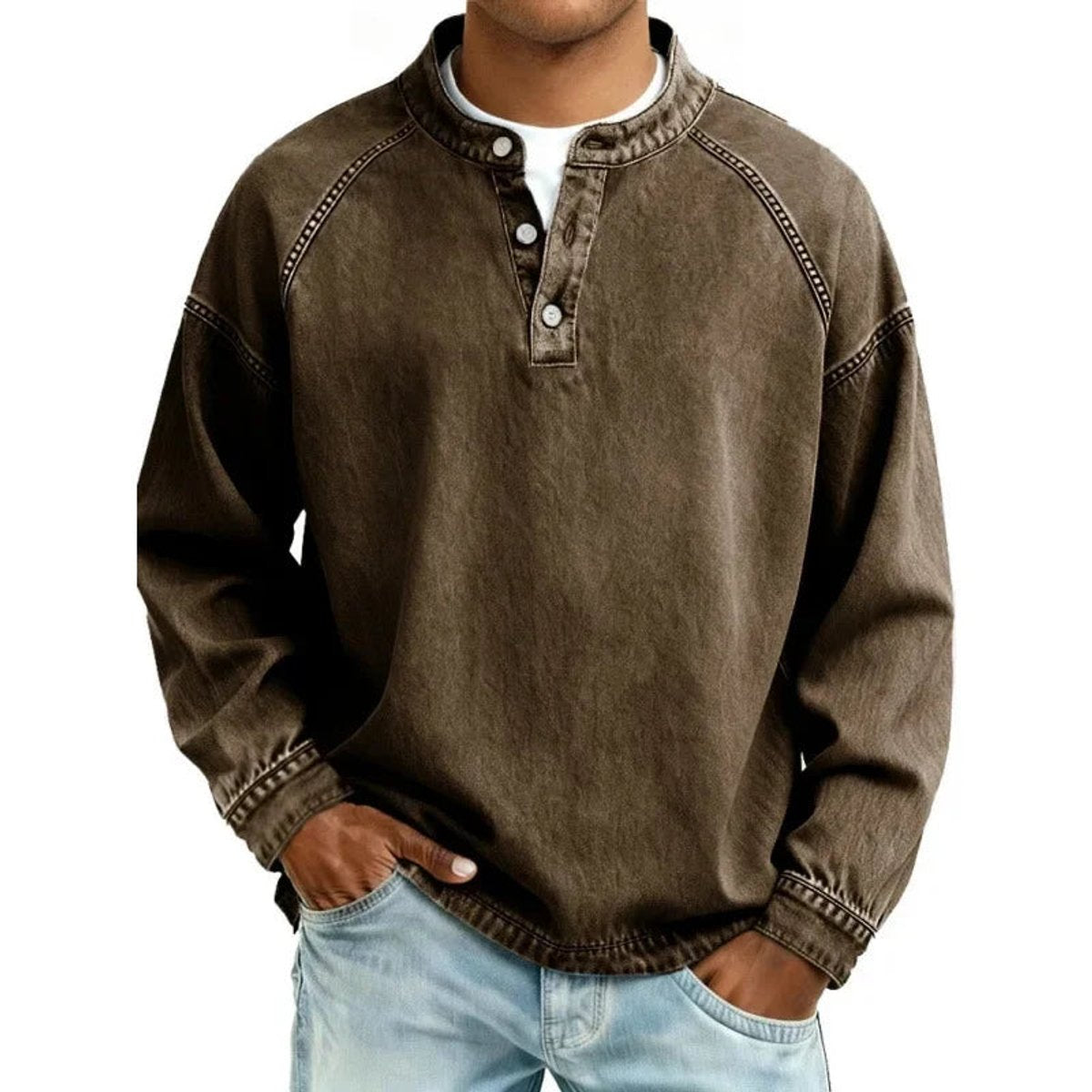 Men's Vintage Denim-Look Henley Button Pullover Sweatshirt - Dark Brown