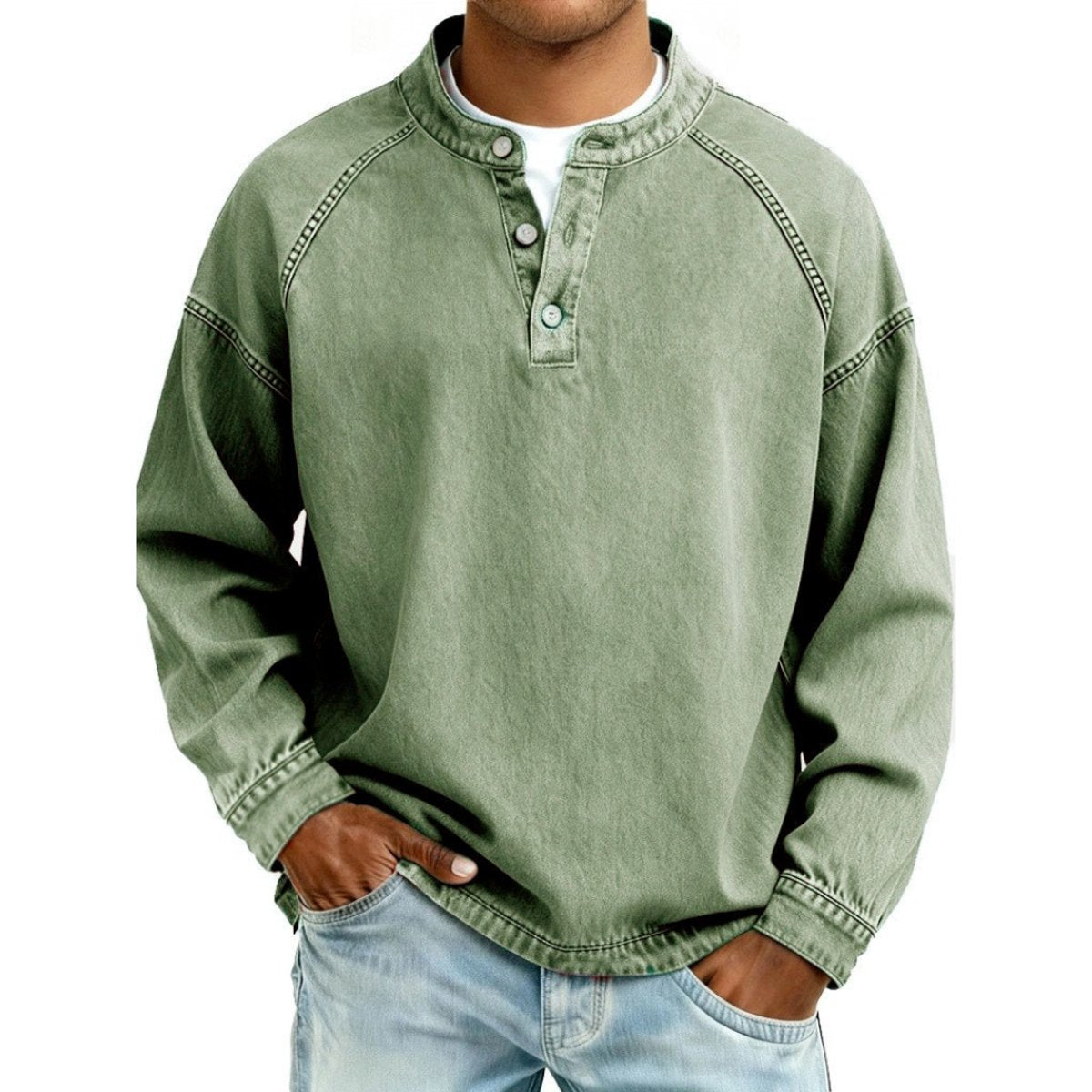 Men's Vintage Denim-Look Henley Button Pullover Sweatshirt - Green