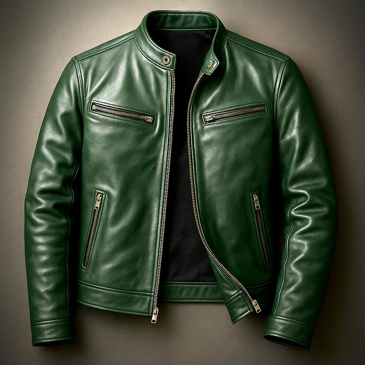Mens Vintage Leather Biker Jacket Four-Pocket Zip-Up - Forest Green