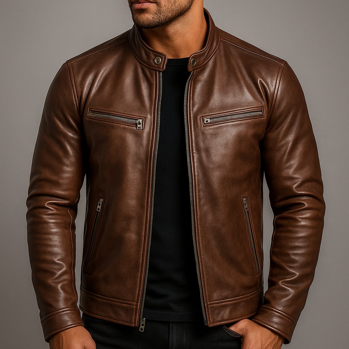 Mens Vintage Leather Biker Jacket Four-Pocket Zip-Up