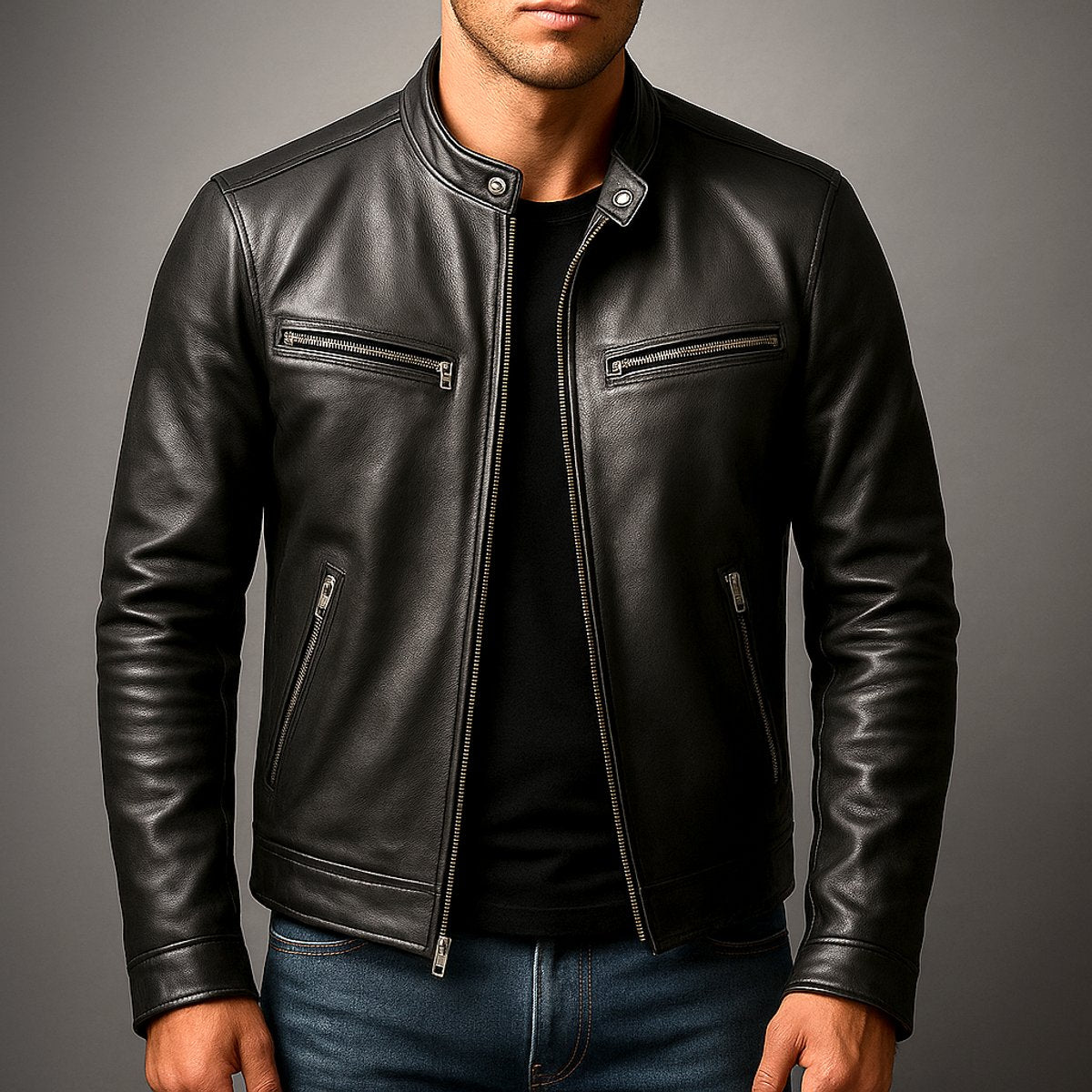 Mens Vintage Leather Biker Jacket Four-Pocket Zip-Up