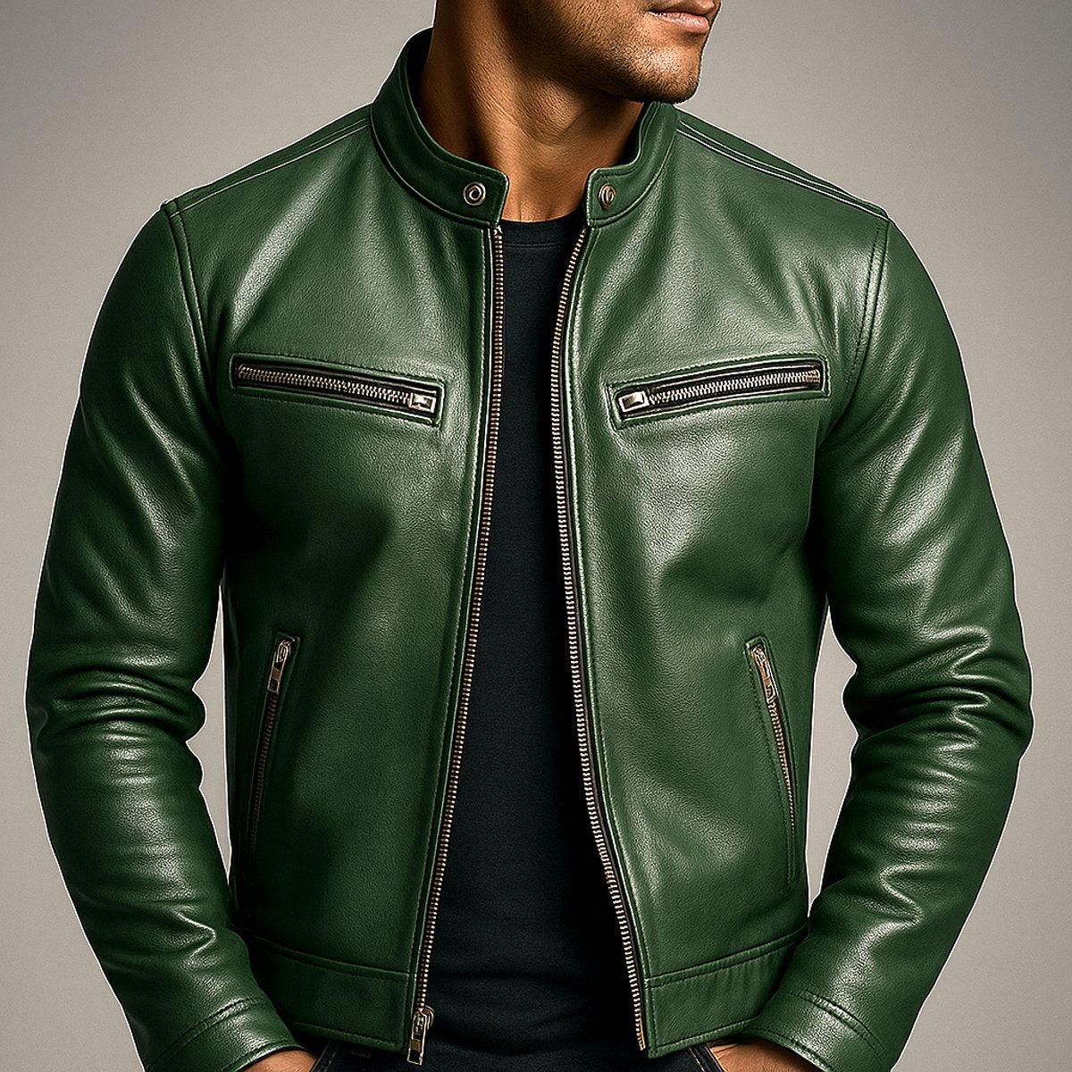 Mens Vintage Leather Biker Jacket Four-Pocket Zip-Up