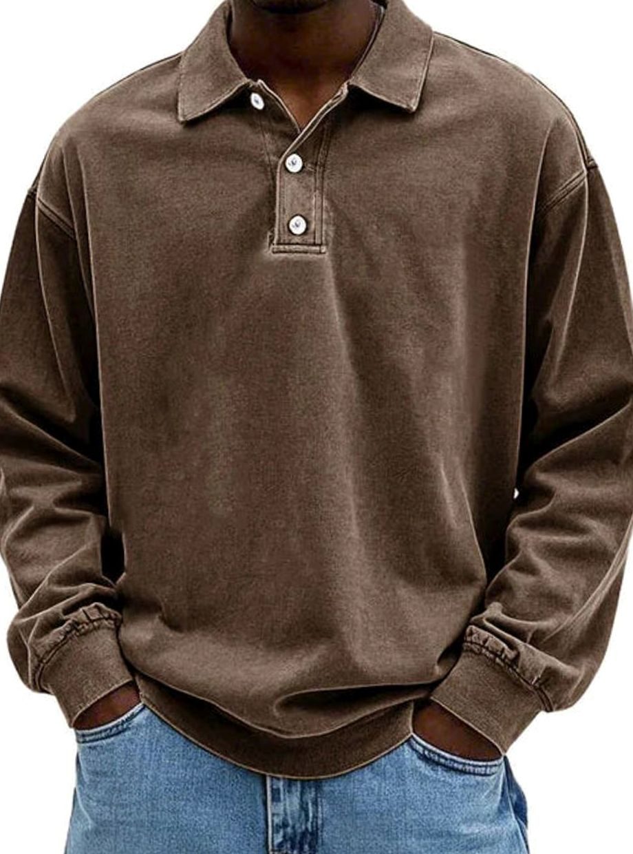 Men's Vintage Long Sleeve Relaxed Fit Polo Shirt - Brown