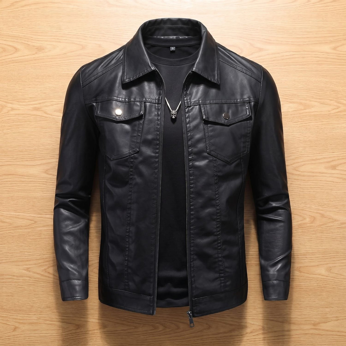 Men's Vintage Point Collar Faux Leather Trucker Jacket - Black