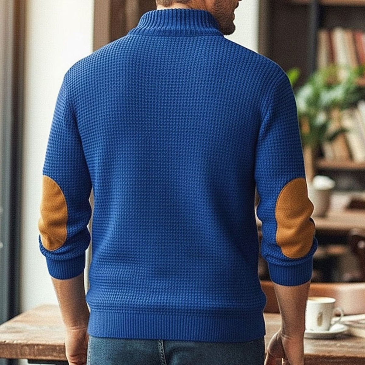 Men's Waffle-Knit Button-Neck Jumper Elbow Patch Detail
