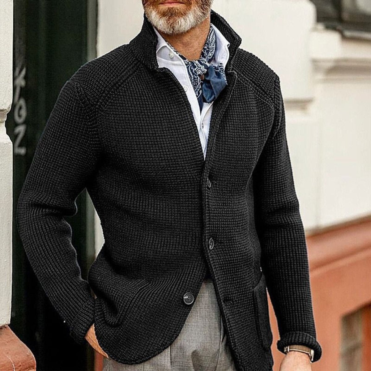 Mens Waffle-Knit Button-Up Cardigan Relaxed Fit - Black