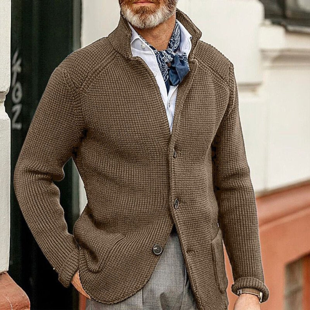 Mens Waffle-Knit Button-Up Cardigan Relaxed Fit - Brown