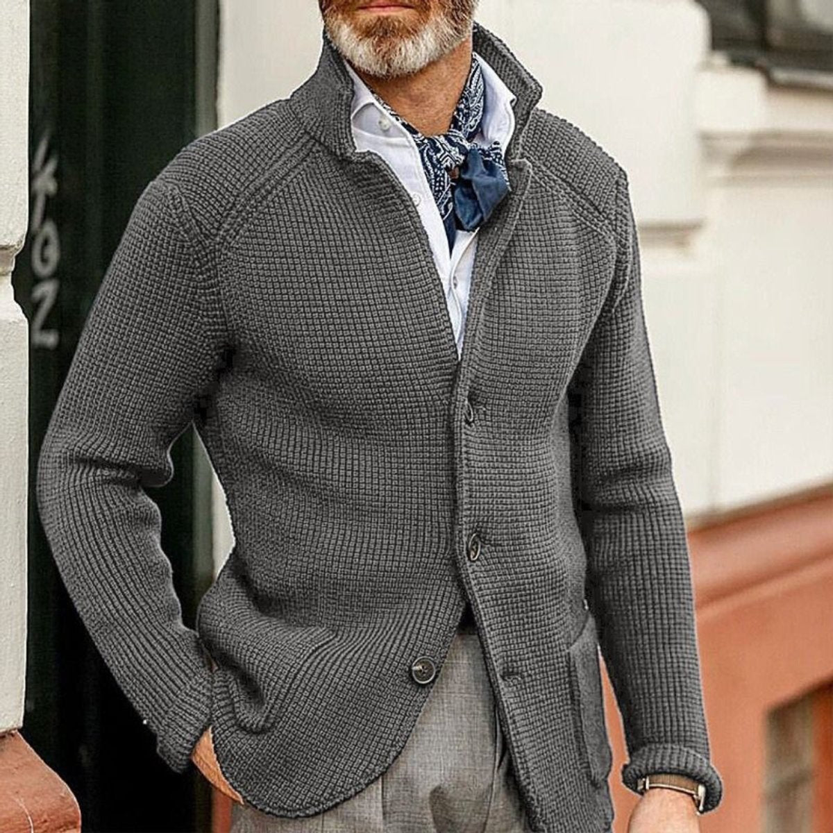 Mens Waffle-Knit Button-Up Cardigan Relaxed Fit - Grey