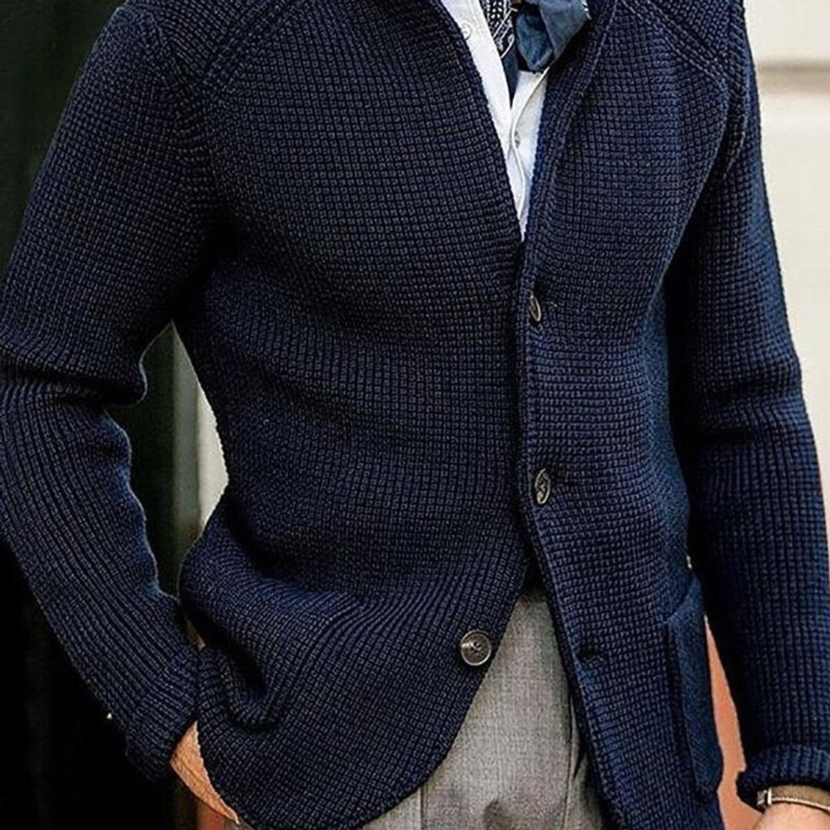 Mens Waffle-Knit Button-Up Cardigan Relaxed Fit - Blue