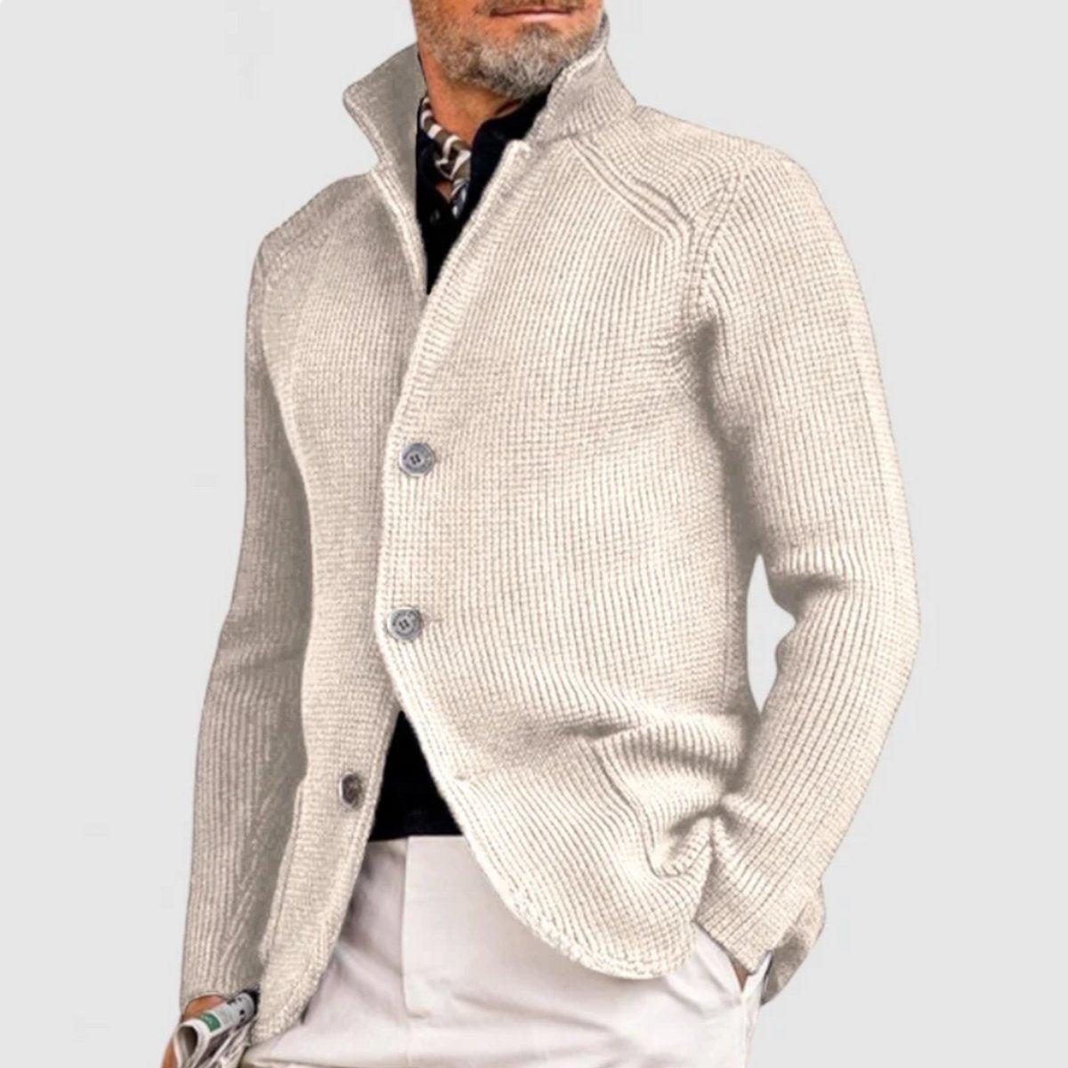 Mens Waffle-Knit Button-Up Cardigan Relaxed Fit - White