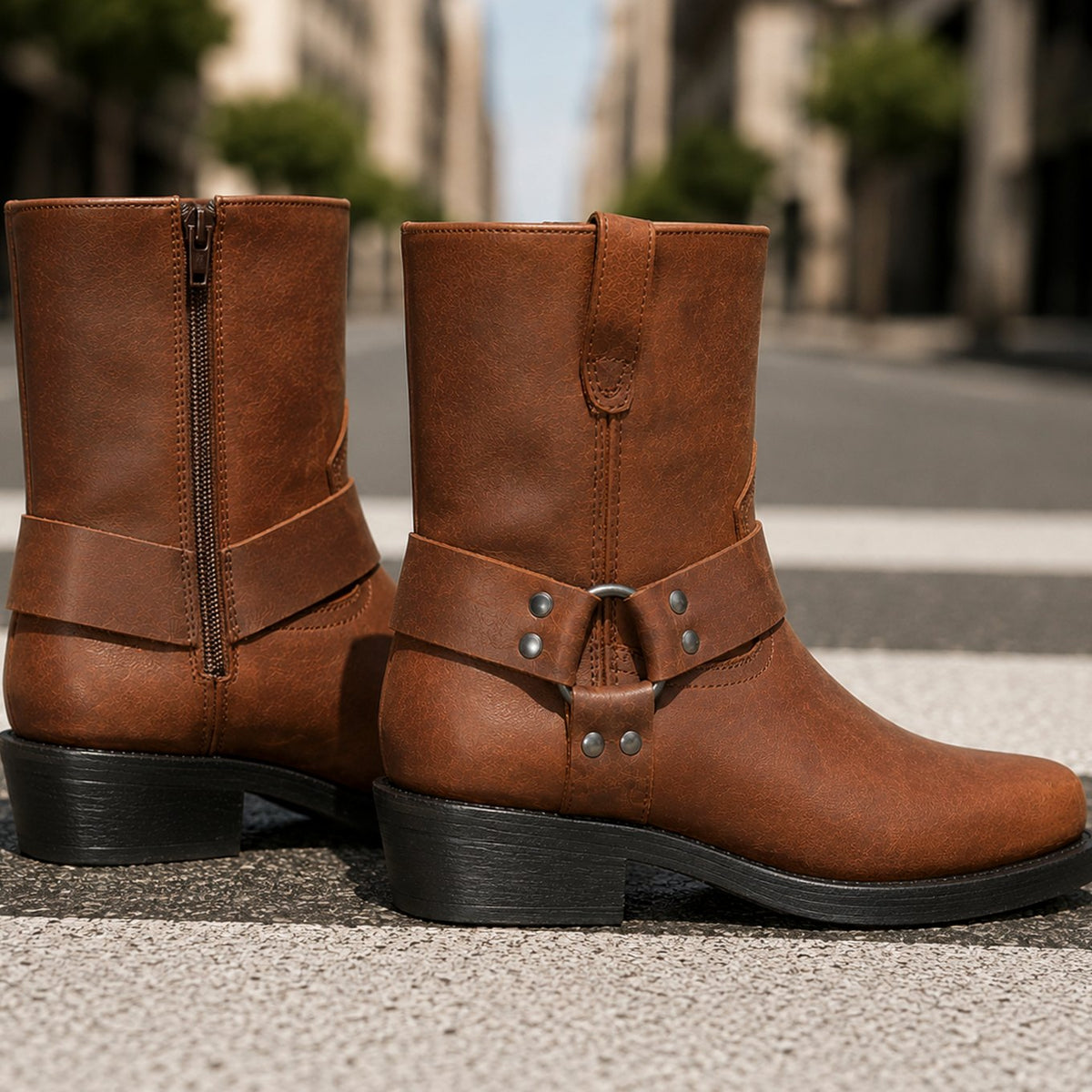 Men's Western Harness Boots Side-Zip Low Block Heel