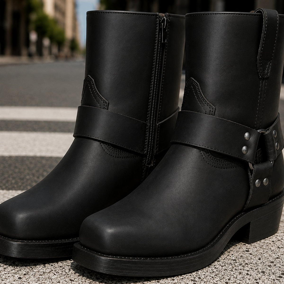 Men's Western Harness Boots Side-Zip Low Block Heel - Black