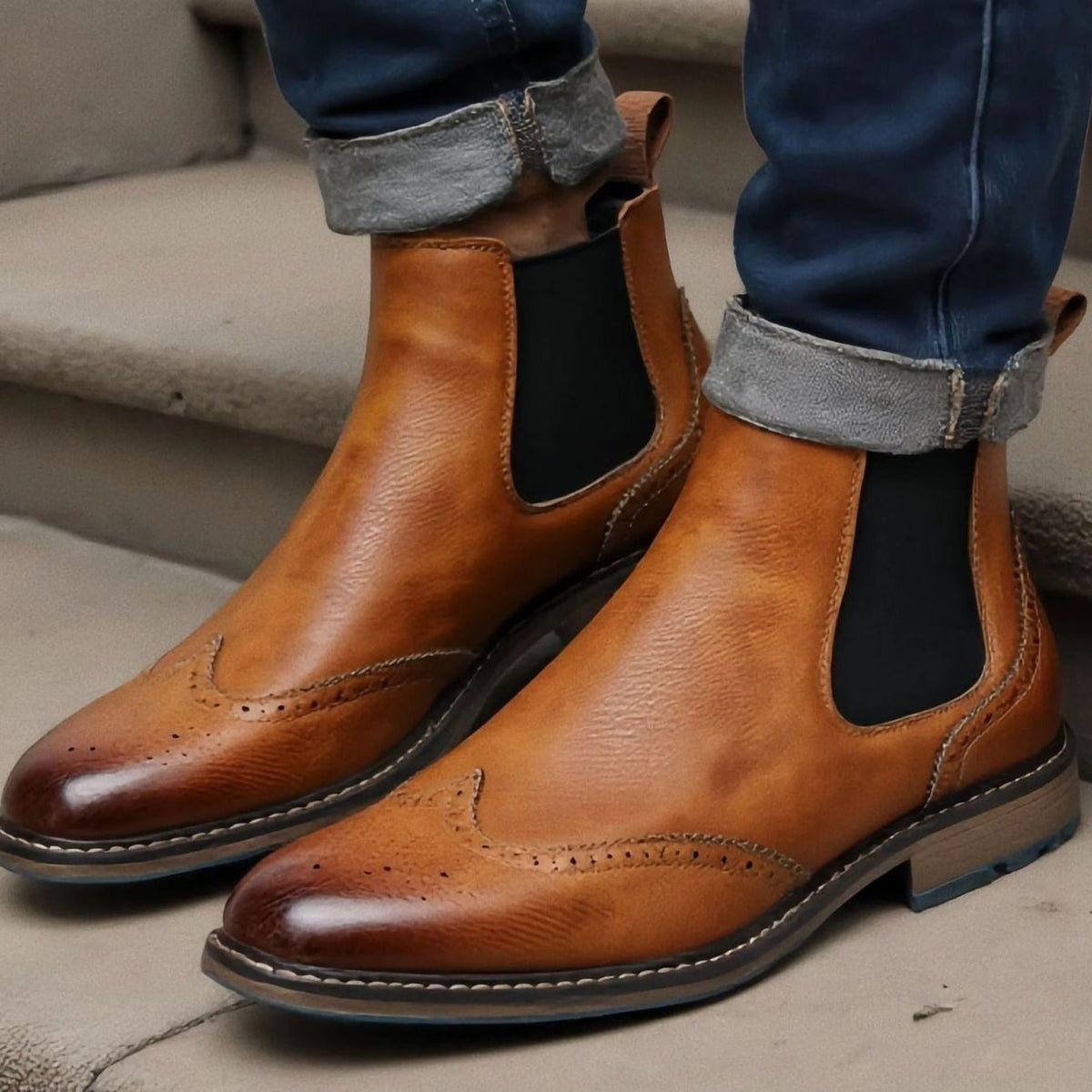 Men's Wingtip Brogue Chelsea Slip-On Ankle Boots