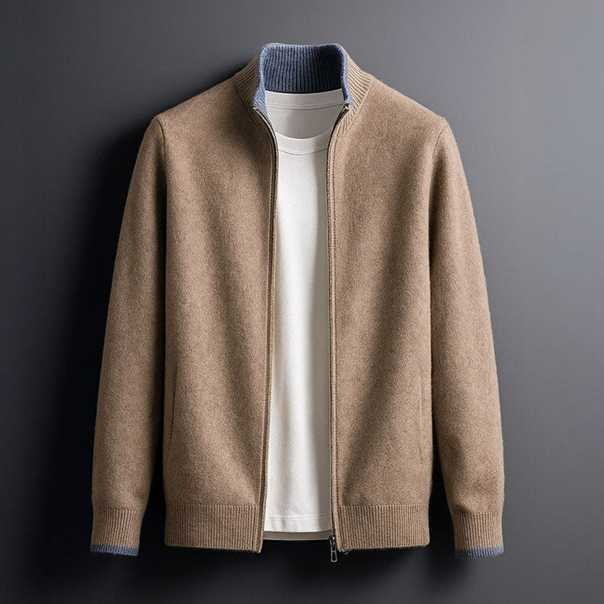 Mens Winter Coat Merino Wool Full-Zip Ribbed Knit Cardigan - Camel