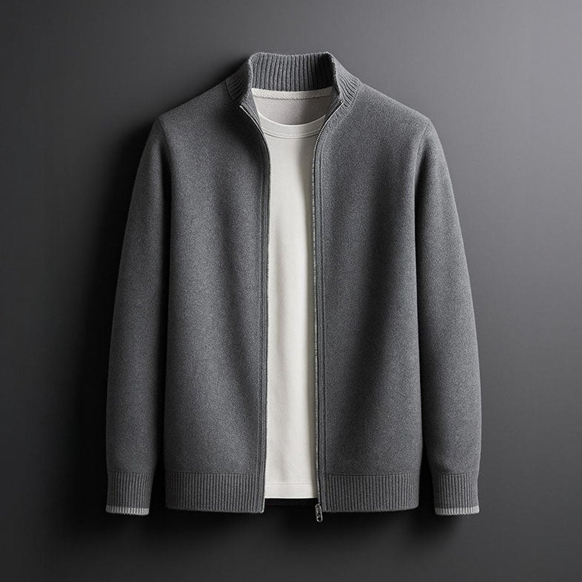 Mens Winter Coat Merino Wool Full-Zip Ribbed Knit Cardigan - Grey
