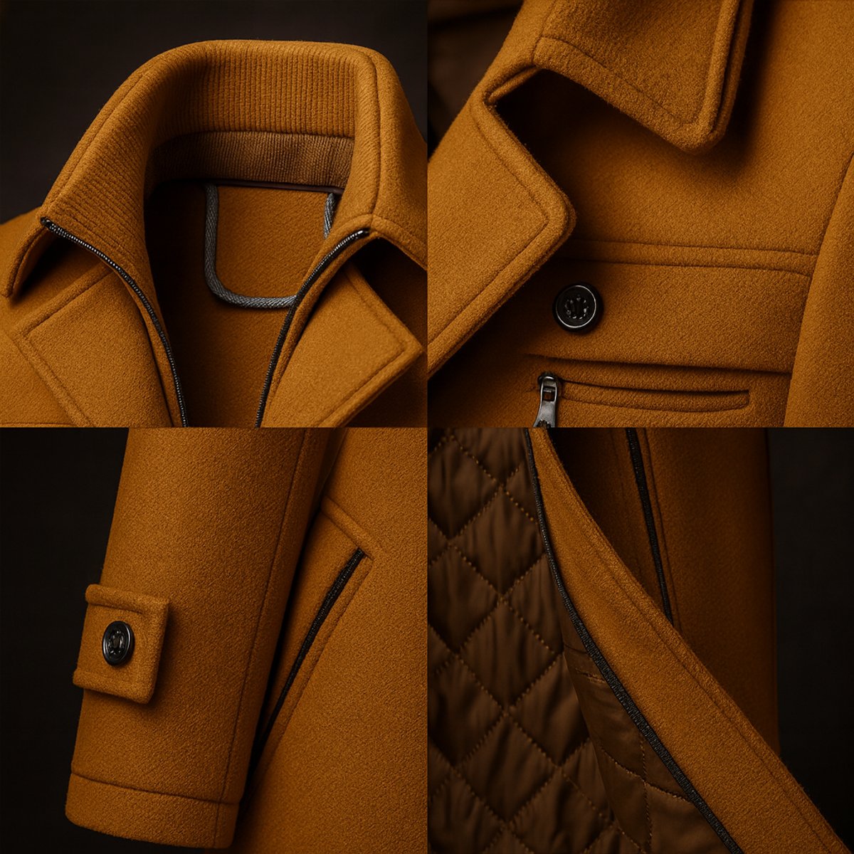 Mens Wool Coat Quilted-Lined Double-Collar Overcoat