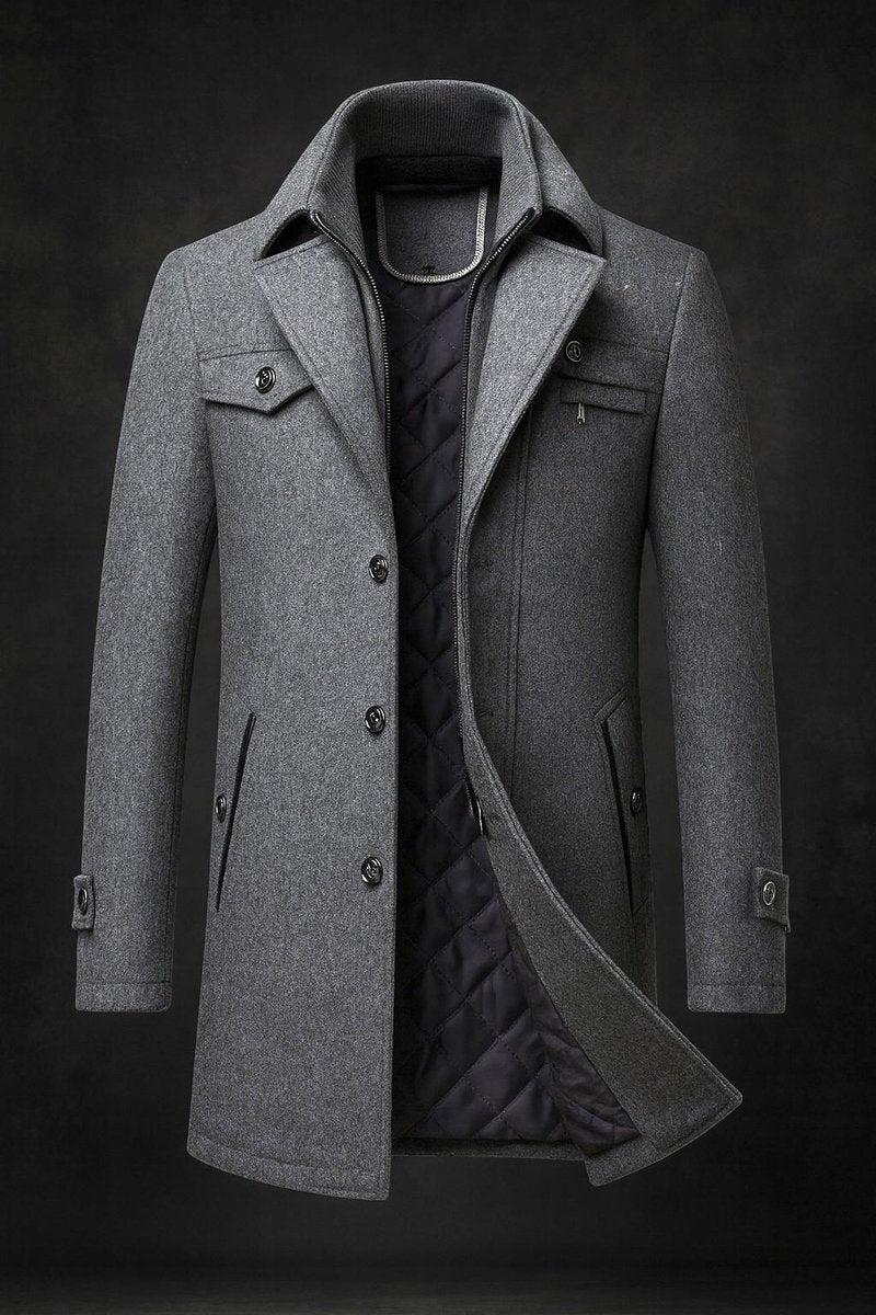 Mens Wool Coat Quilted-Lined Double-Collar Overcoat - Grey