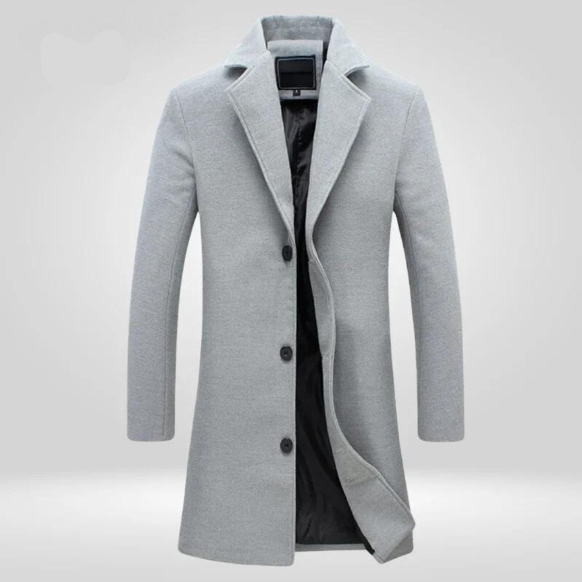 Mens Wool Coat Single-Breasted Longline Overcoat - Grey