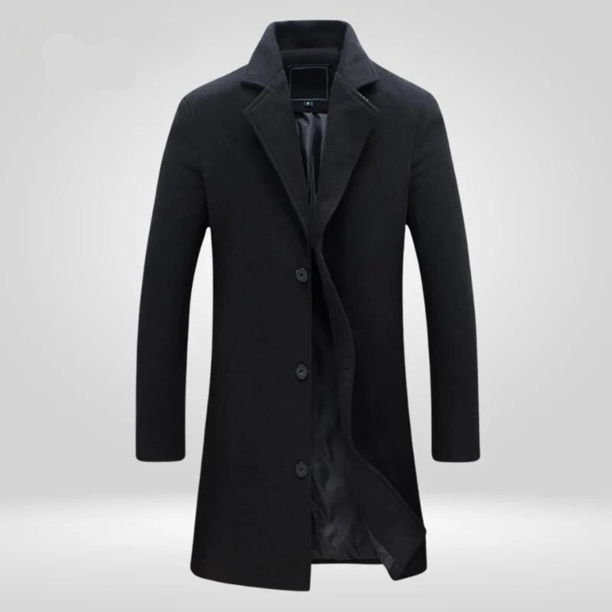 Mens Wool Coat Single-Breasted Longline Overcoat - Black