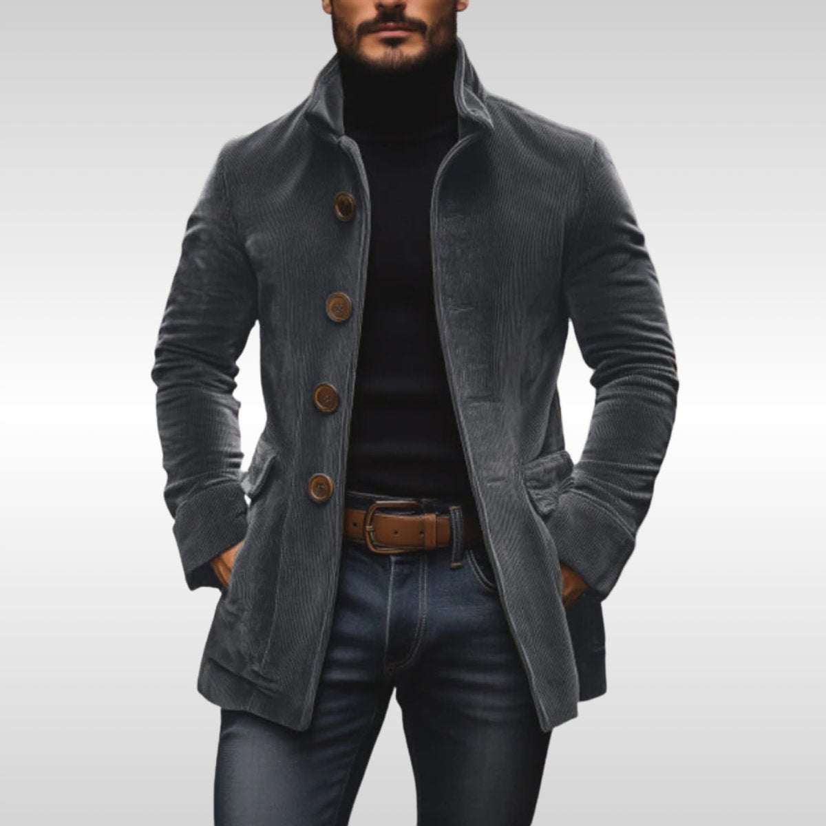 Mens Wool Coat Slim-Fit Corduroy Standing-Collar Button-Up Jacket - Grey