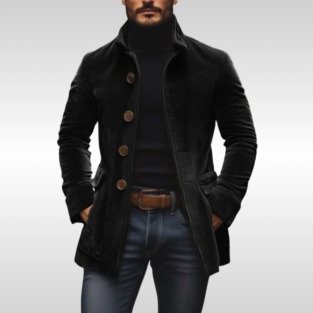 Mens Wool Coat Slim-Fit Corduroy Standing-Collar Button-Up Jacket - Black