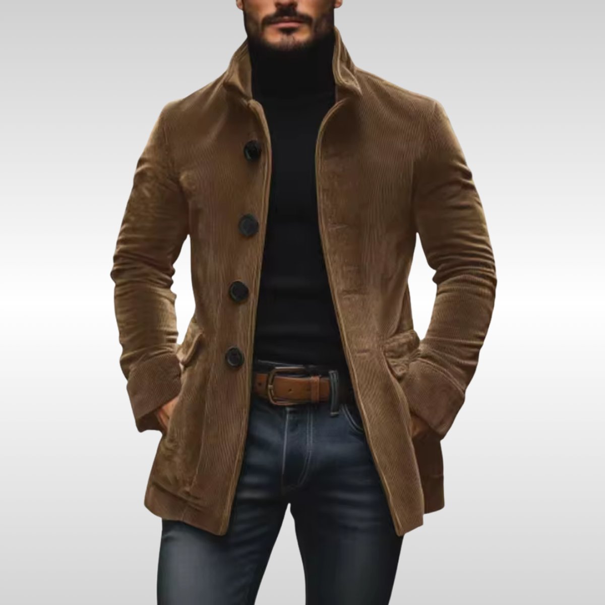 Mens Wool Coat Slim-Fit Corduroy Standing-Collar Button-Up Jacket - Light Brown