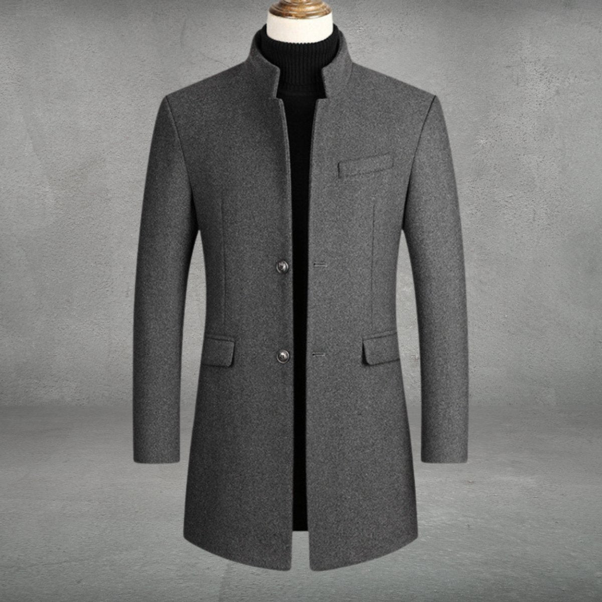 Mens Wool Coat Slim-Fit Standing Collar Single-Breasted Overcoat - Grey