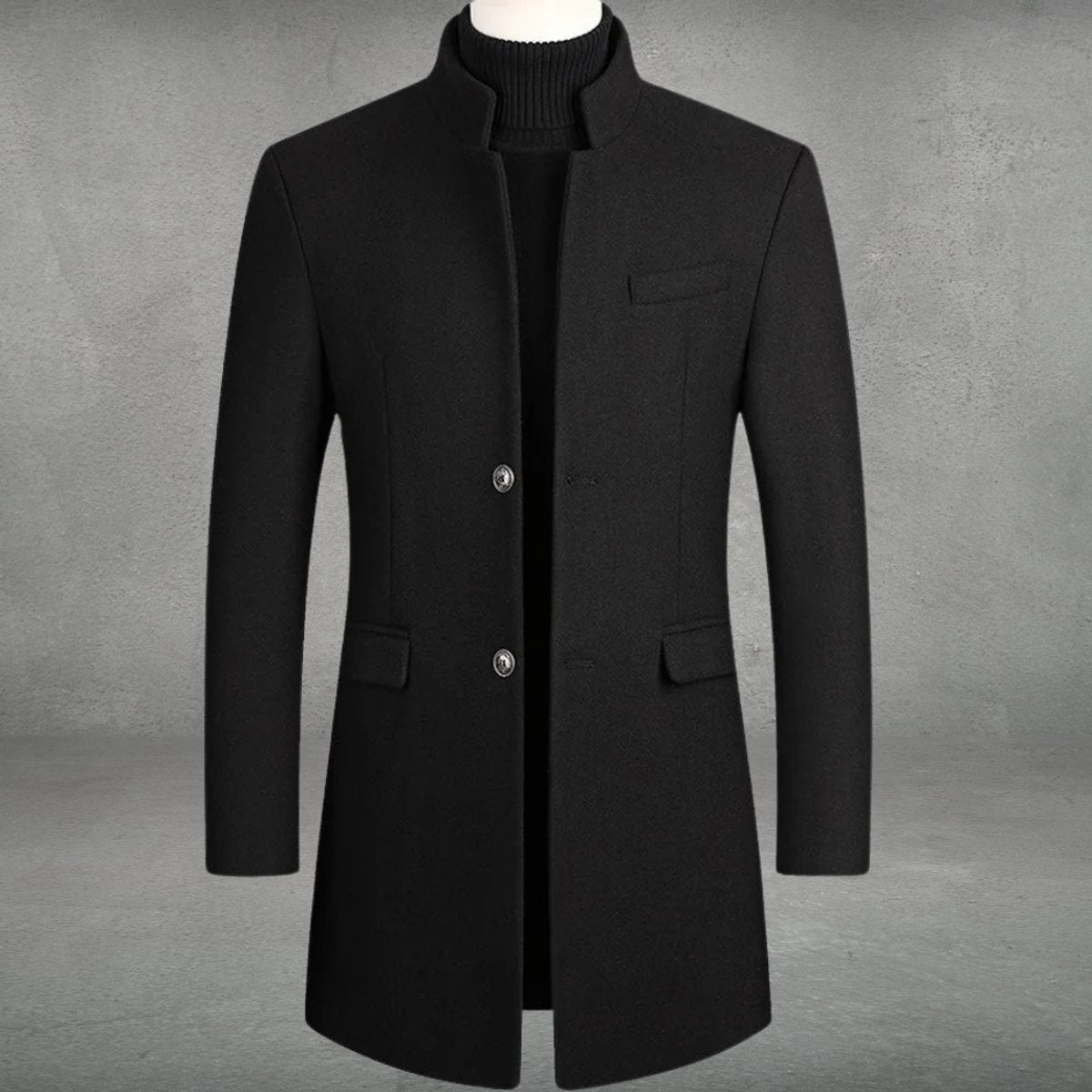 Mens Wool Coat Slim-Fit Standing Collar Single-Breasted Overcoat