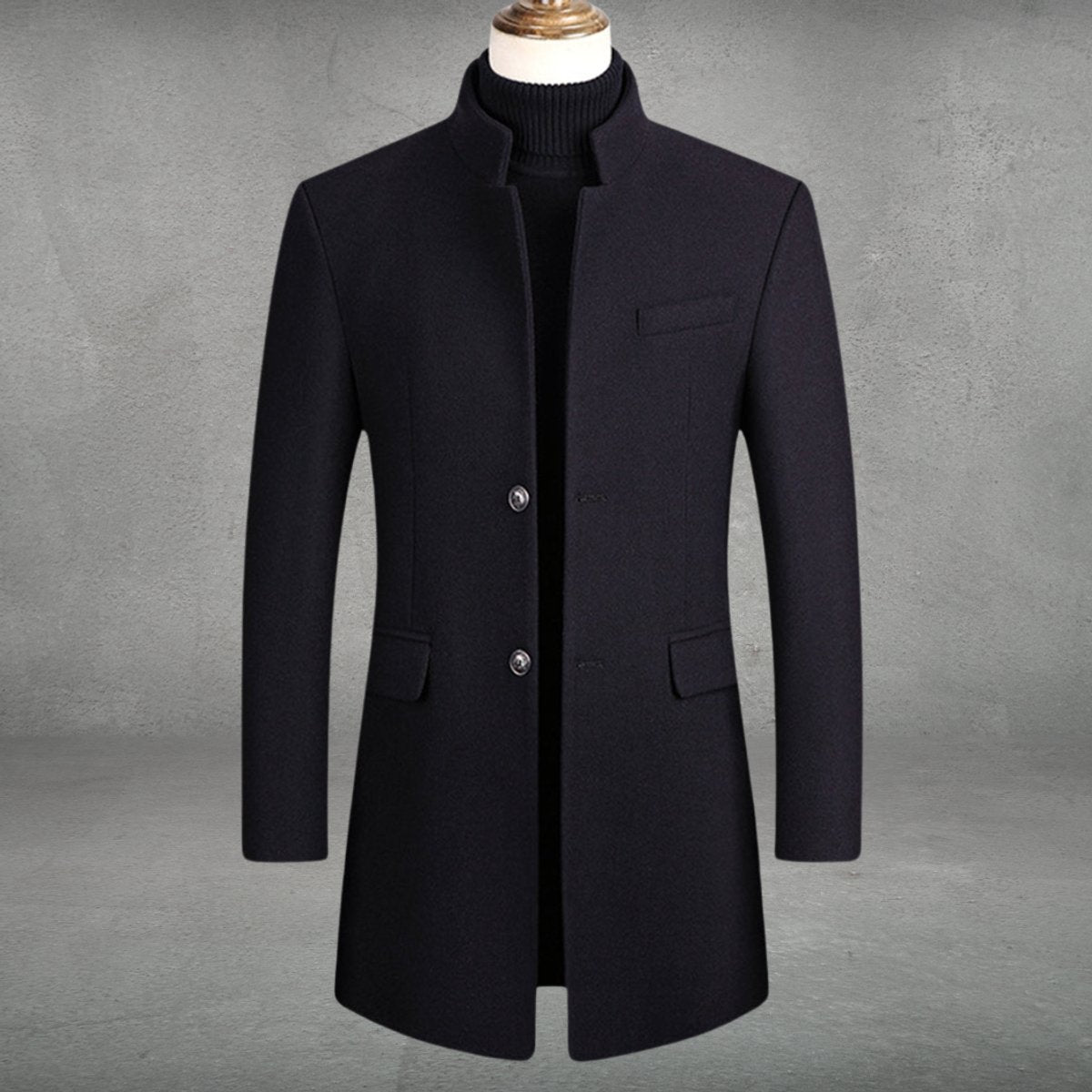 Mens Wool Coat Slim-Fit Standing Collar Single-Breasted Overcoat - Black