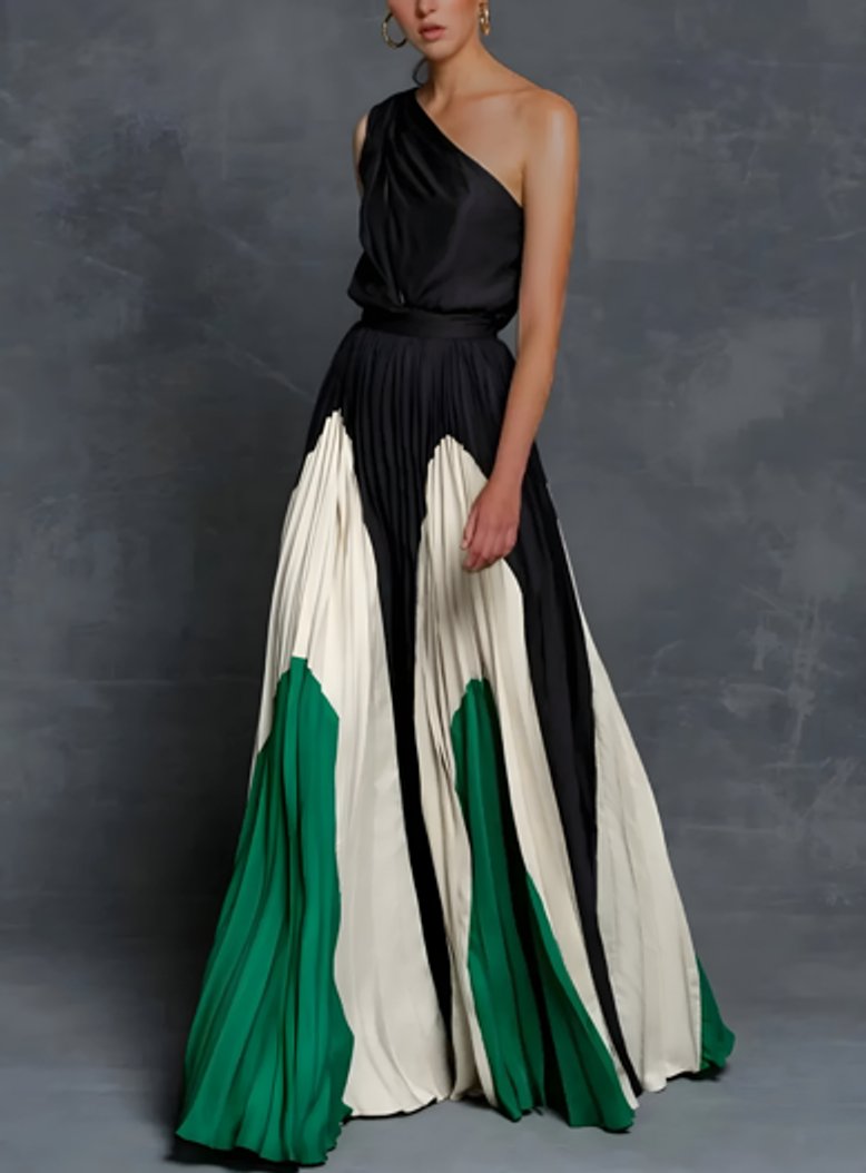 Mother of the Bride Dress One-Shoulder Colour-Block Pleated Maxi Gown